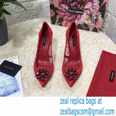 Dolce  &  Gabbana Heel 10.5cm Taormina Lace Pumps Red with Crystals 2021